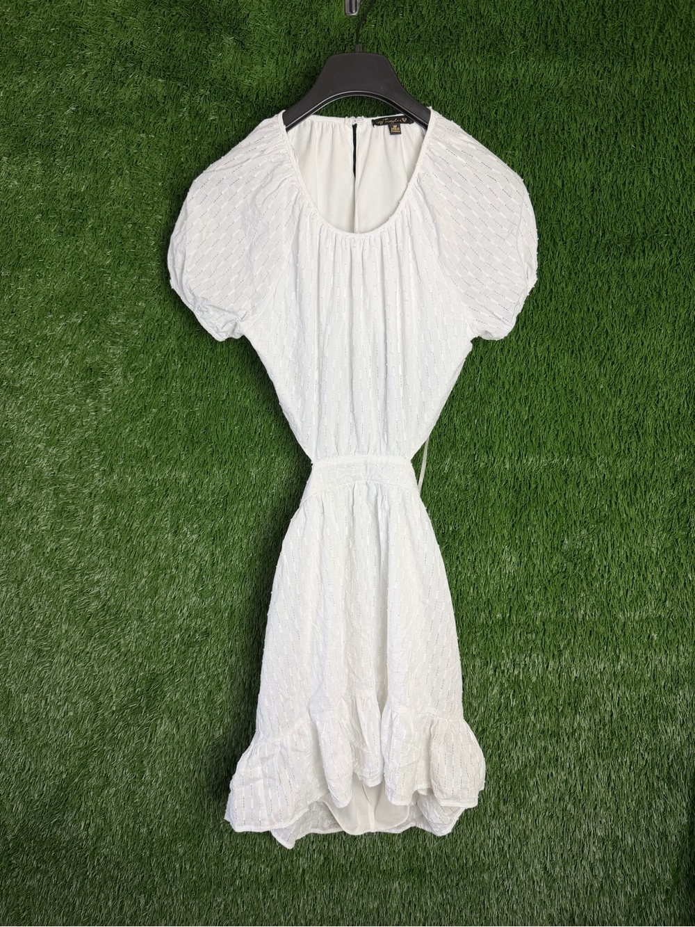 City Triangles White Textured Puff-Sleeve Midi Dress with Waist Tie